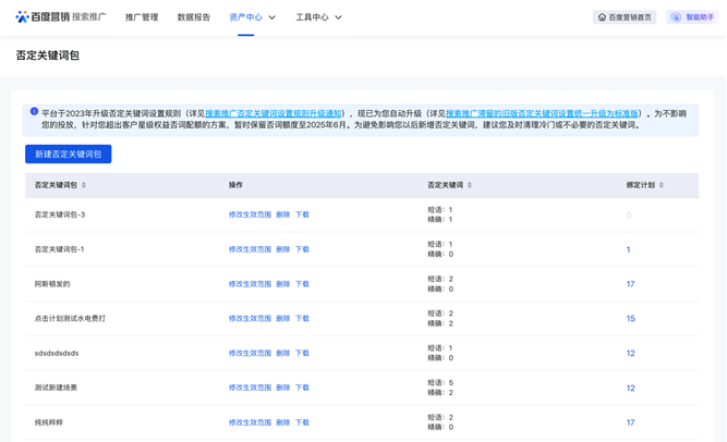 搜索推廣滯留的舊版否定關鍵詞設置統一升級為標準版